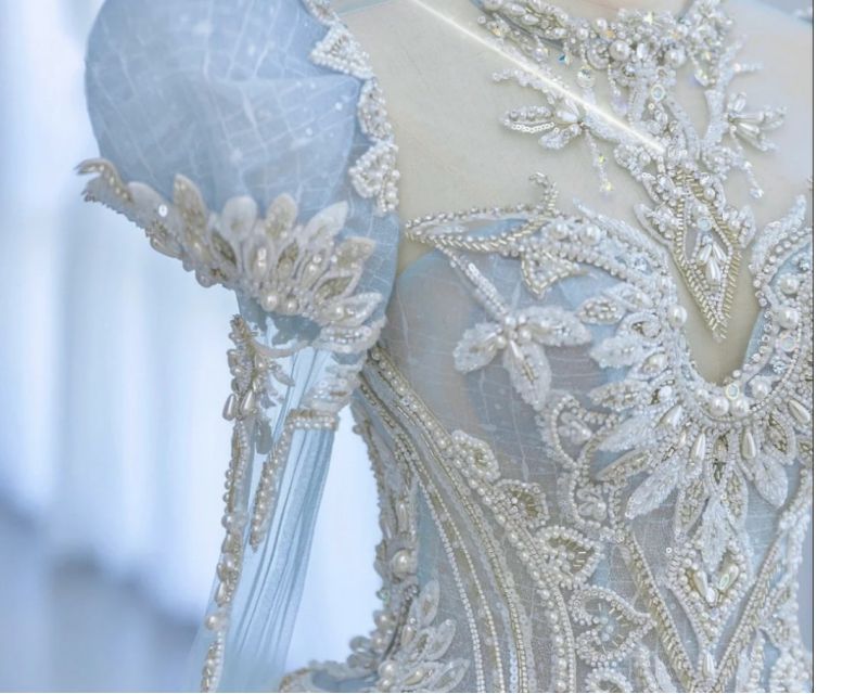 ブルーウェディングドレス2024花嫁重工業豪華なビッグトレーリングパフスリーブメインヤーン冬