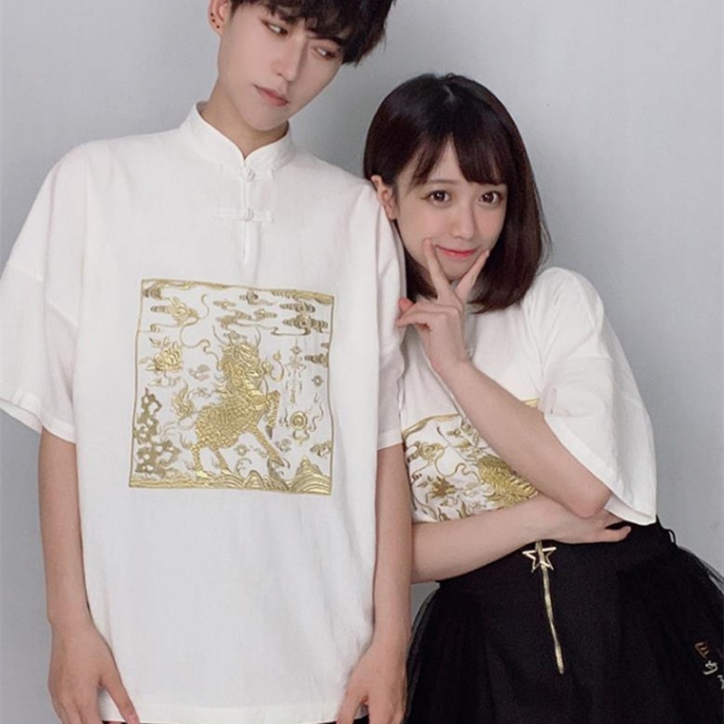 チャイナ風ブラウス レディース 刺繍トップス リネンブラウス メンズ 半袖 夏 男女兼用 オリジナル スタンドカラー 黒/白 チャイナボタン カップル