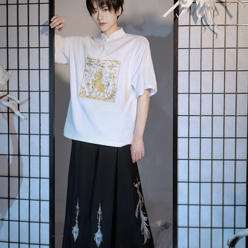 チャイナ風ブラウス レディース 刺繍トップス リネンブラウス メンズ 半袖 夏 男女兼用 オリジナル スタンドカラー 黒/白 チャイナボタン カップル