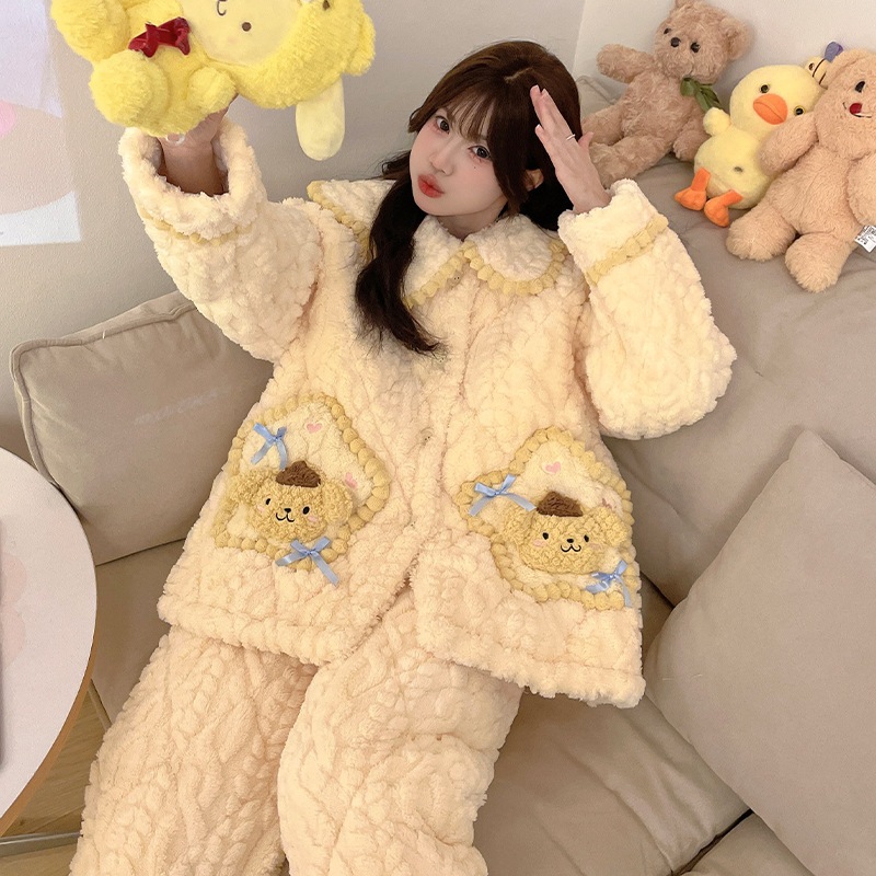 プリン犬パジャマ女性冬の珊瑚絨毯3層綿入り厚手保温超厚手アニメかわいい部屋着