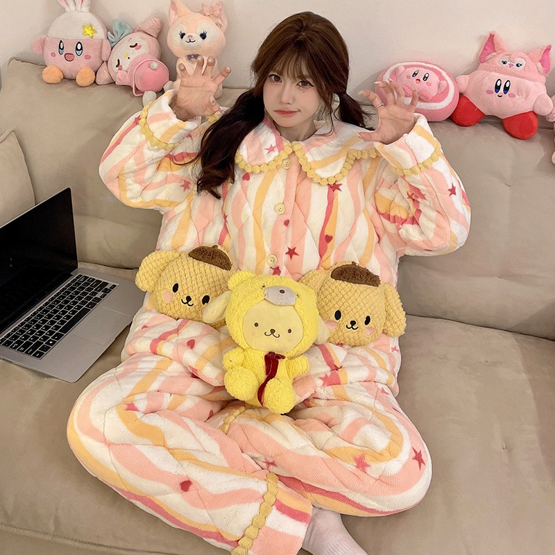 プリン犬パジャマ女性冬の珊瑚絨毯3層綿入り厚手保温超厚手アニメかわいい部屋着