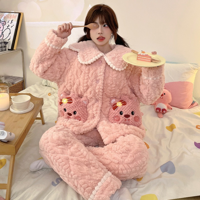 プリン犬パジャマ女性冬の珊瑚絨毯3層綿入り厚手保温超厚手アニメかわいい部屋着