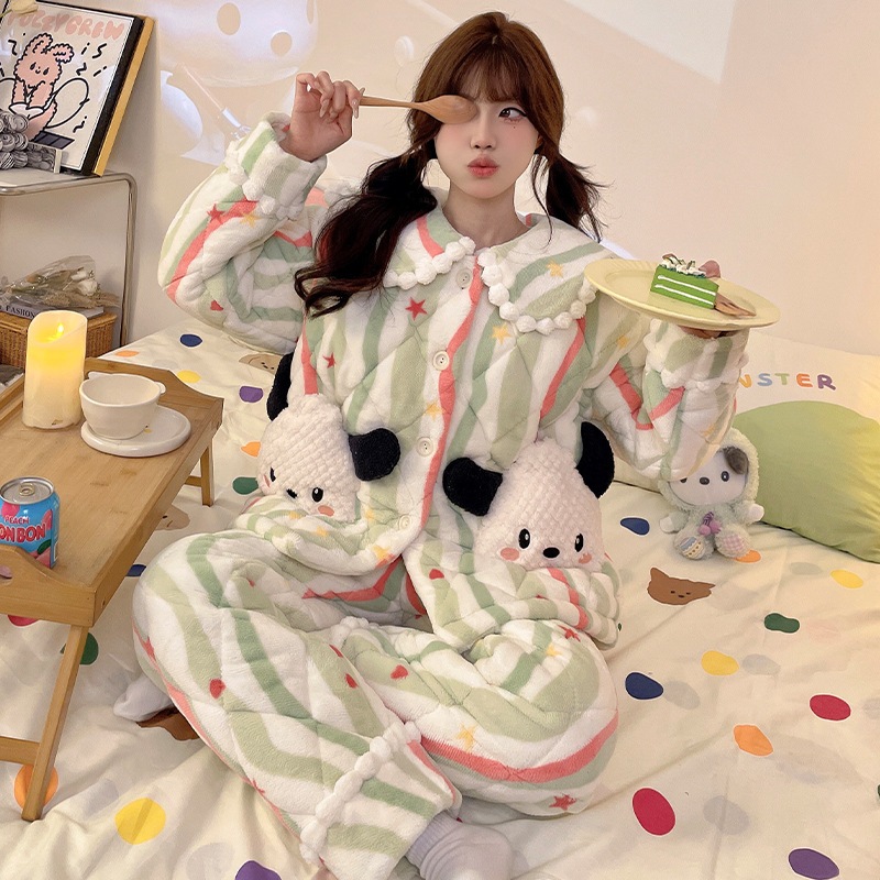 プリン犬パジャマ女性冬の珊瑚絨毯3層綿入り厚手保温超厚手アニメかわいい部屋着