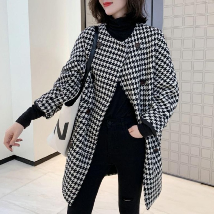 【一枚で視線を奪う】 ファッション ダブルブレスト チェック柄 ラウンドネック コート 【一枚で視線を奪う】 ファッション ダブルブレスト チェック柄 ラウンドネック コート
