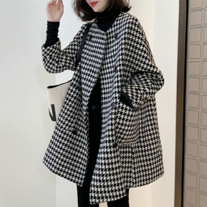【一枚で視線を奪う】 ファッション ダブルブレスト チェック柄 ラウンドネック コート 【一枚で視線を奪う】 ファッション ダブルブレスト チェック柄 ラウンドネック コート