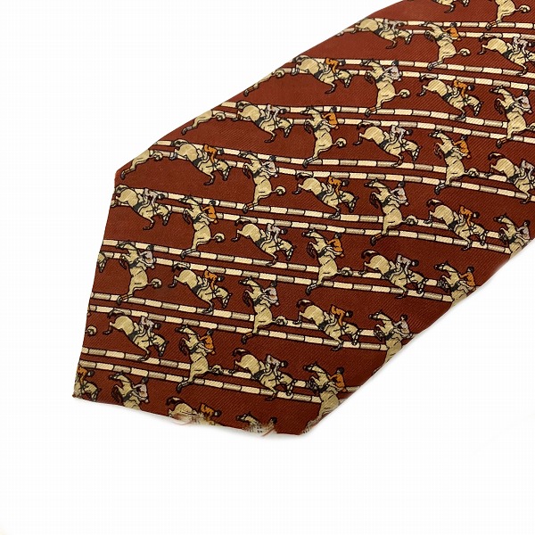 美品　エルメス　ネクタイ　紺・茶　ジョッキーホース　乗馬 HERMES エルメス ネクタイ ホース 馬柄 総柄 馬 シルク 100