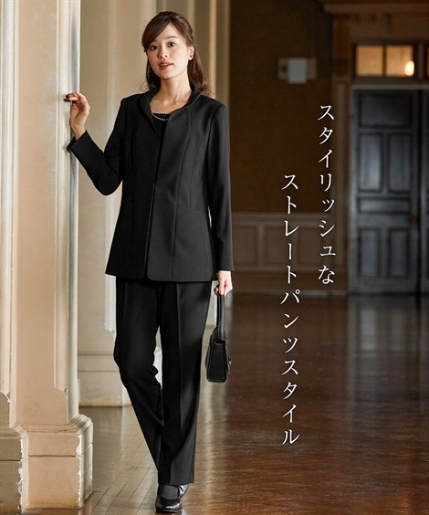 パンツスーツ 喪服礼服 洗える防しわインナードッキングロング丈ジャケット+ストレッチパンツスーツ 大きいサイズ有 パンツスーツ 喪服礼服 洗える防しわインナードッキングロング丈ジャケット+ストレッチパンツスーツ 大きいサイズ有