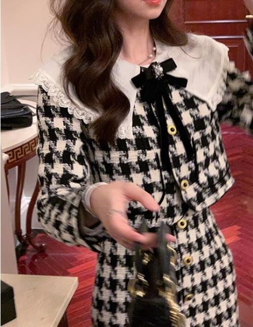 【急速出荷 2025年新作】セットアップ 2点セット ツーピース ツイード 千鳥格子 秋 冬 春 長袖 ミモレ丈 おしゃれ 可愛い ノーカラージャケット ショートジャケット タイト 清楚 フェミニン