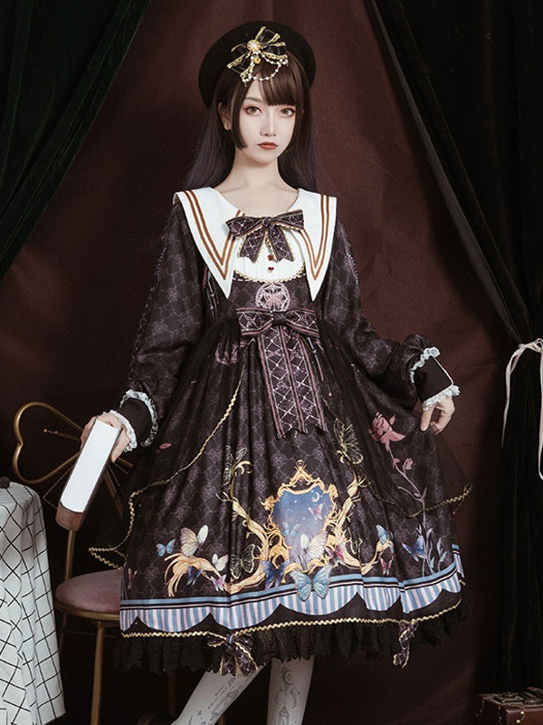 【2点購入で150OFF】【新品開催 】アカデミックロリータOPドレスブルーポリエステル長袖ボウコンレースフリルスウィートロリータワンピースドレス