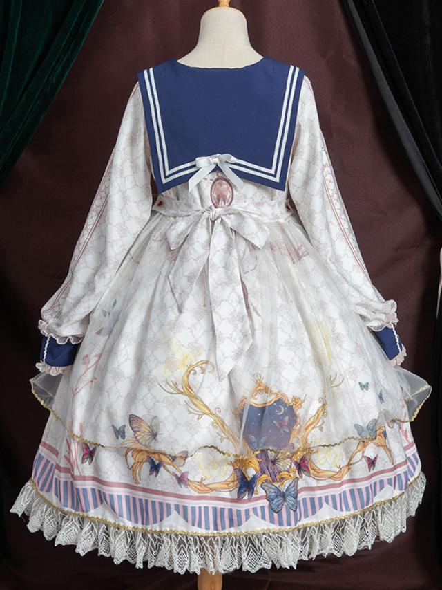 【2点購入で150OFF】【新品開催 】アカデミックロリータOPドレスブルーポリエステル長袖ボウコンレースフリルスウィートロリータワンピースドレス