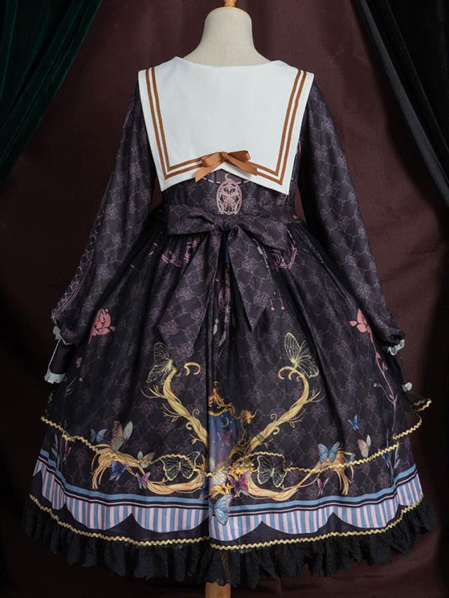 【2点購入で150OFF】【新品開催 】アカデミックロリータOPドレスブルーポリエステル長袖ボウコンレースフリルスウィートロリータワンピースドレス