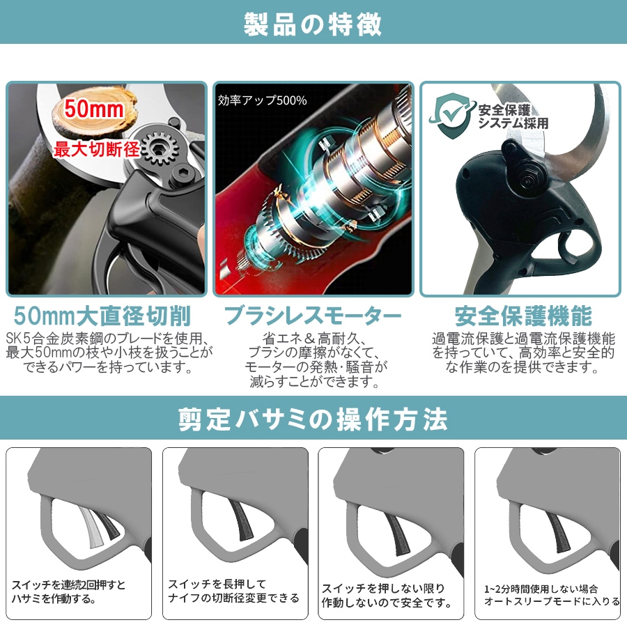 最強新型電動ハサミ 充電式 切断直径50mm 庭木/枝切り/果樹用 最強新型電動ハサミ 充電式 切断直径50mm 庭木/枝切り/果樹用