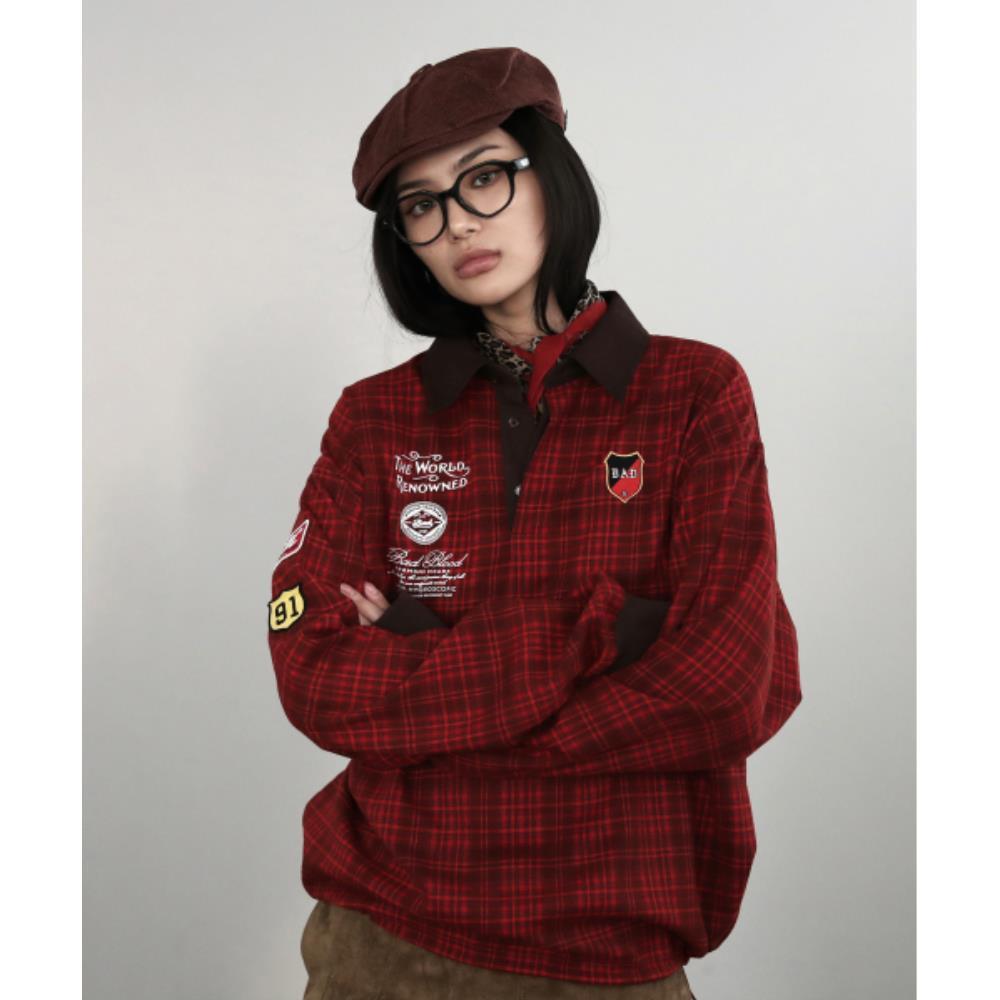 BADBLOOD Classic Check Rugby Shirt Red w-sweatshirt24-01 BADBLOOD Classic Check Rugby Shirt Red w-sweatshirt24-01