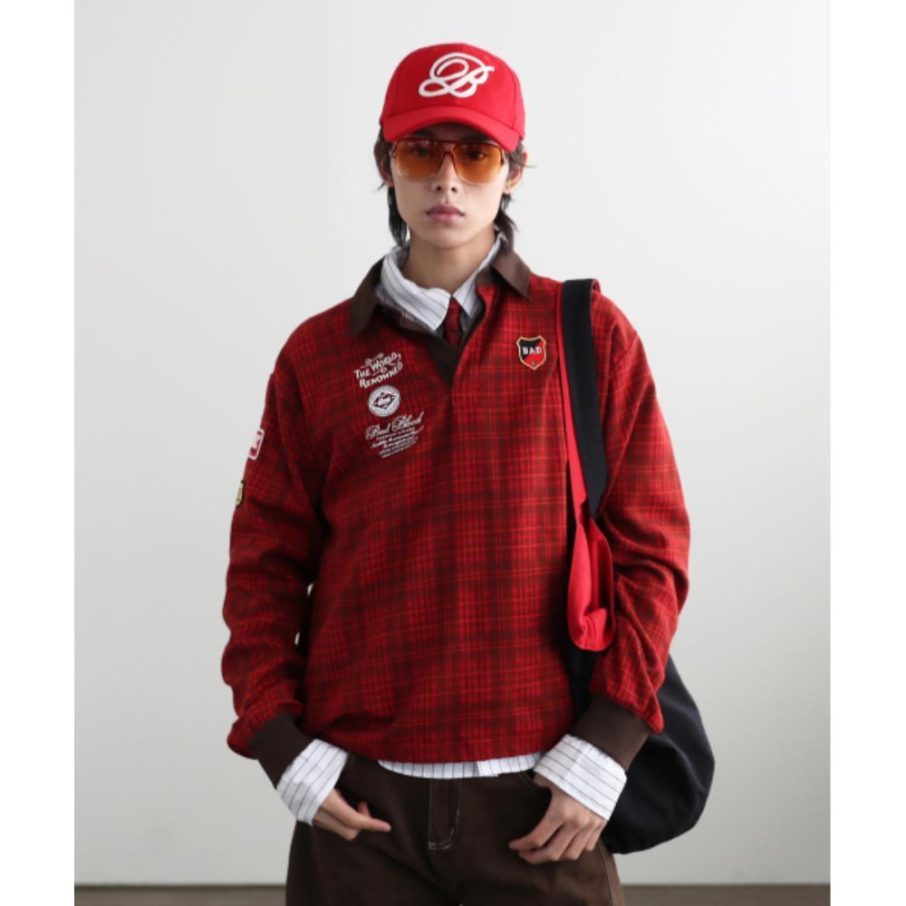 BADBLOOD Classic Check Rugby Shirt Red w-sweatshirt24-01 BADBLOOD Classic Check Rugby Shirt Red w-sweatshirt24-01