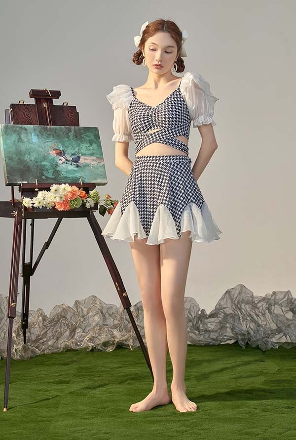 上下セット水着 レディース ぽっちゃり水着 大きいサイズ セット水着 韓国 クロスデザイン フリルショルダー エンジェルスリーブ カットアウト 千鳥柄 水着 ガール 可愛い 痩せ見え 体型カバー_10