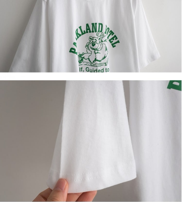 キャラクタープリント トップス Tシャツ シャツ プルオーバー 白シャツ 白トップス 袖あり 半袖 5分袖 五分袖 Uネック ラウンドネック ストレート Iライン キャラクタープリント トップス Tシャツ シャツ プルオーバー 白