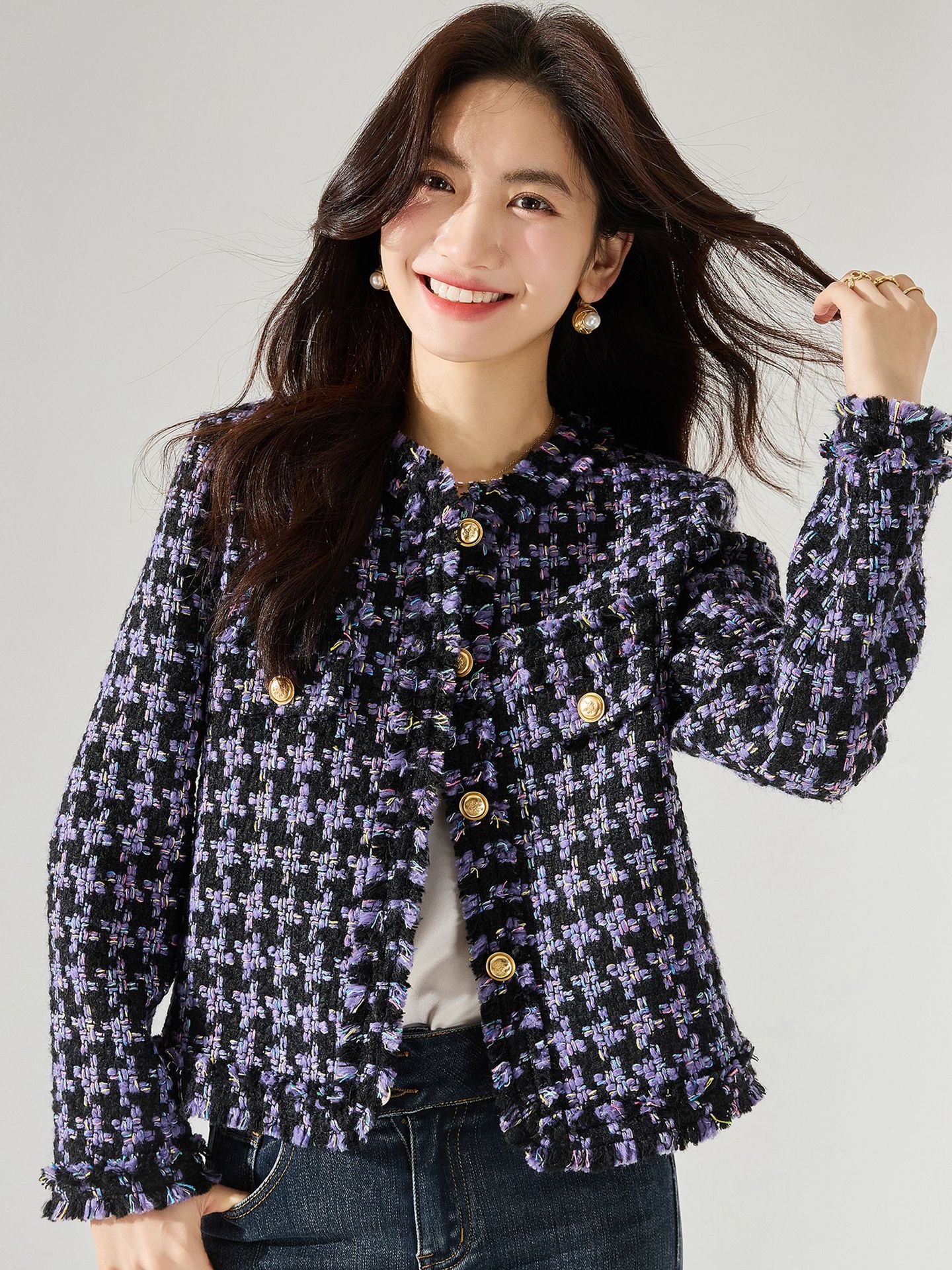 韓国24秋の高級感カラー千鳥格子気質ウールツイードフリンジバリ小香風コート女15490