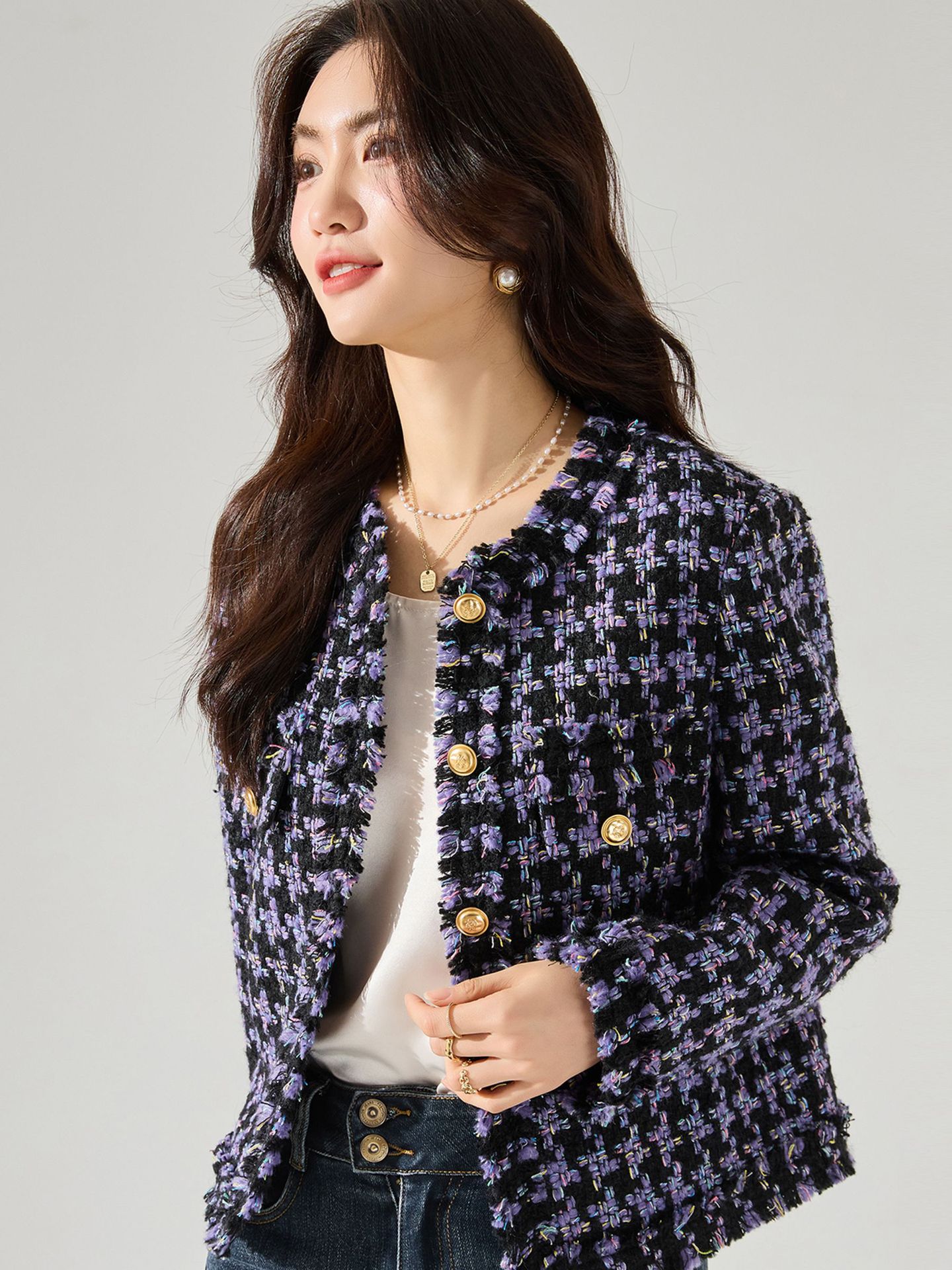 韓国24秋の高級感カラー千鳥格子気質ウールツイードフリンジバリ小香風コート女15490