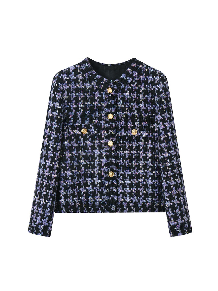 韓国24秋の高級感カラー千鳥格子気質ウールツイードフリンジバリ小香風コート女15490