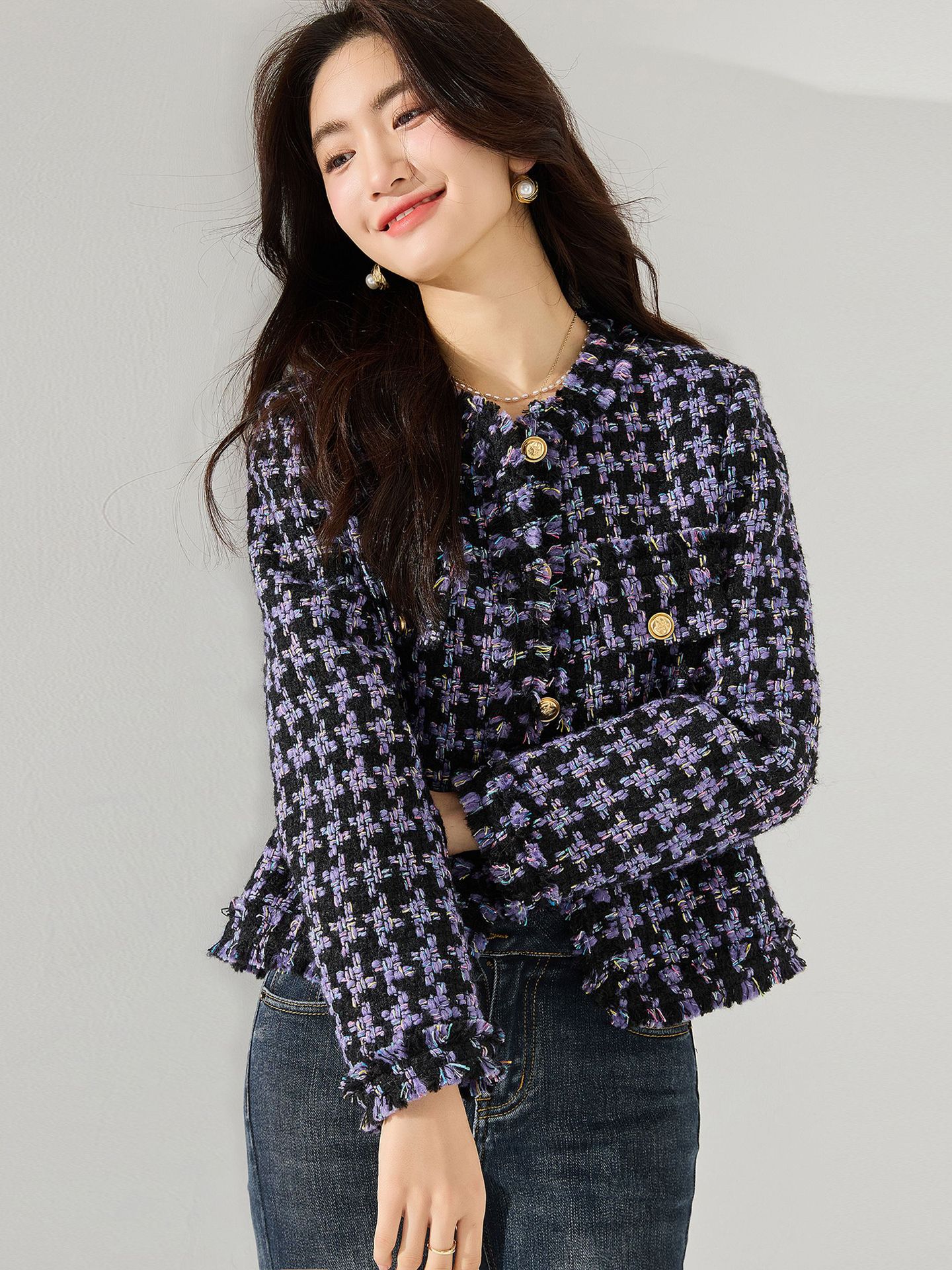 韓国24秋の高級感カラー千鳥格子気質ウールツイードフリンジバリ小香風コート女15490