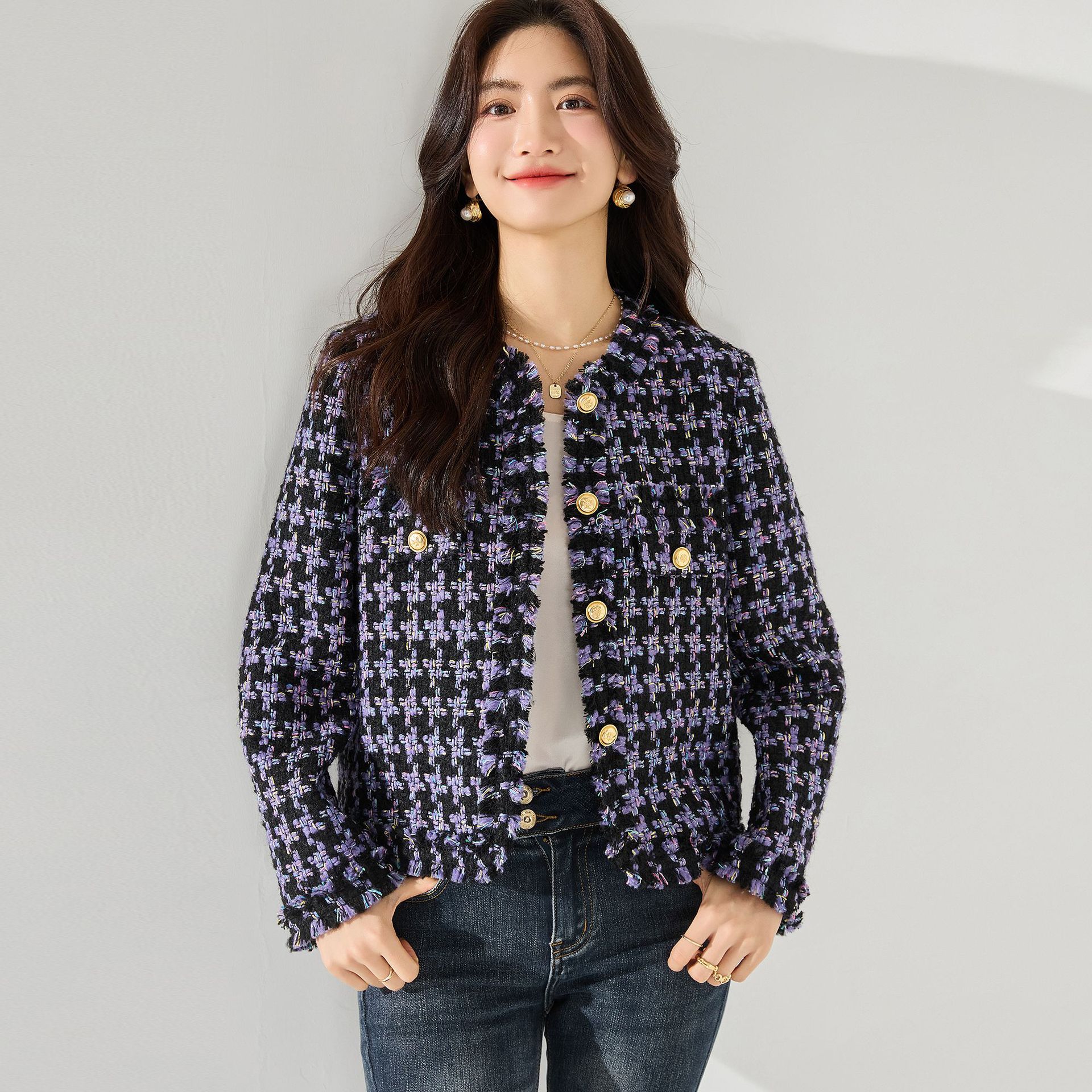 韓国24秋の高級感カラー千鳥格子気質ウールツイードフリンジバリ小香風コート女15490