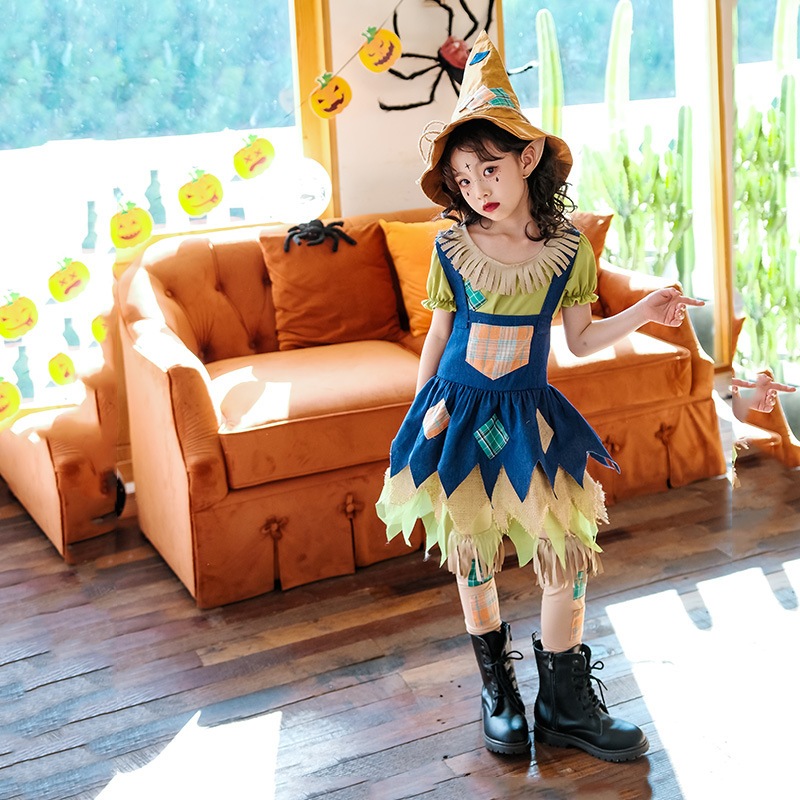 ハロウィンの子供用コスチュームベビー子供服かかしの田園ドレススカート女の子のピエロの魔女のパフォーマンスコスチューム