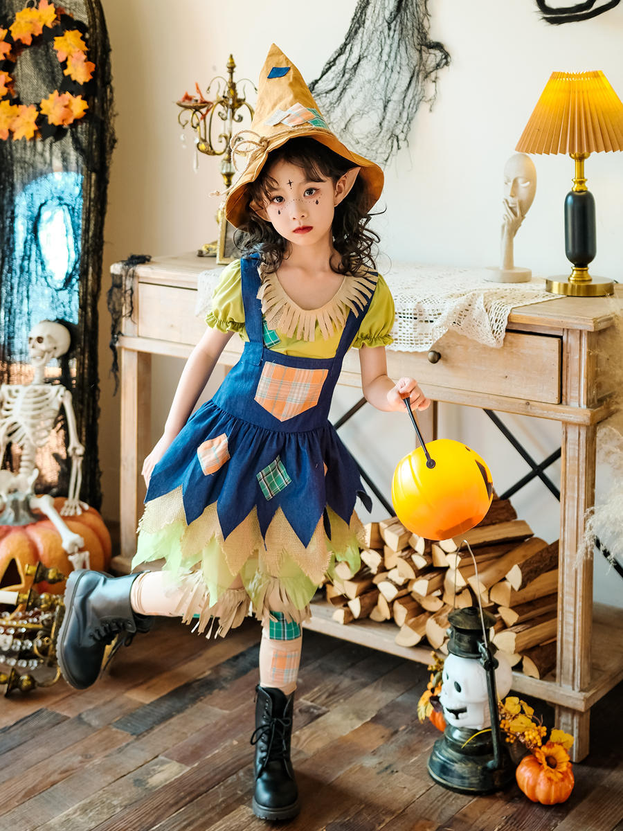 ハロウィンの子供用コスチュームベビー子供服かかしの田園ドレススカート女の子のピエロの魔女のパフォーマンスコスチューム