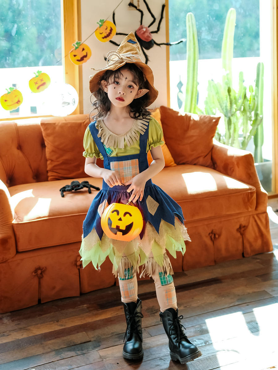 ハロウィンの子供用コスチュームベビー子供服かかしの田園ドレススカート女の子のピエロの魔女のパフォーマンスコスチューム