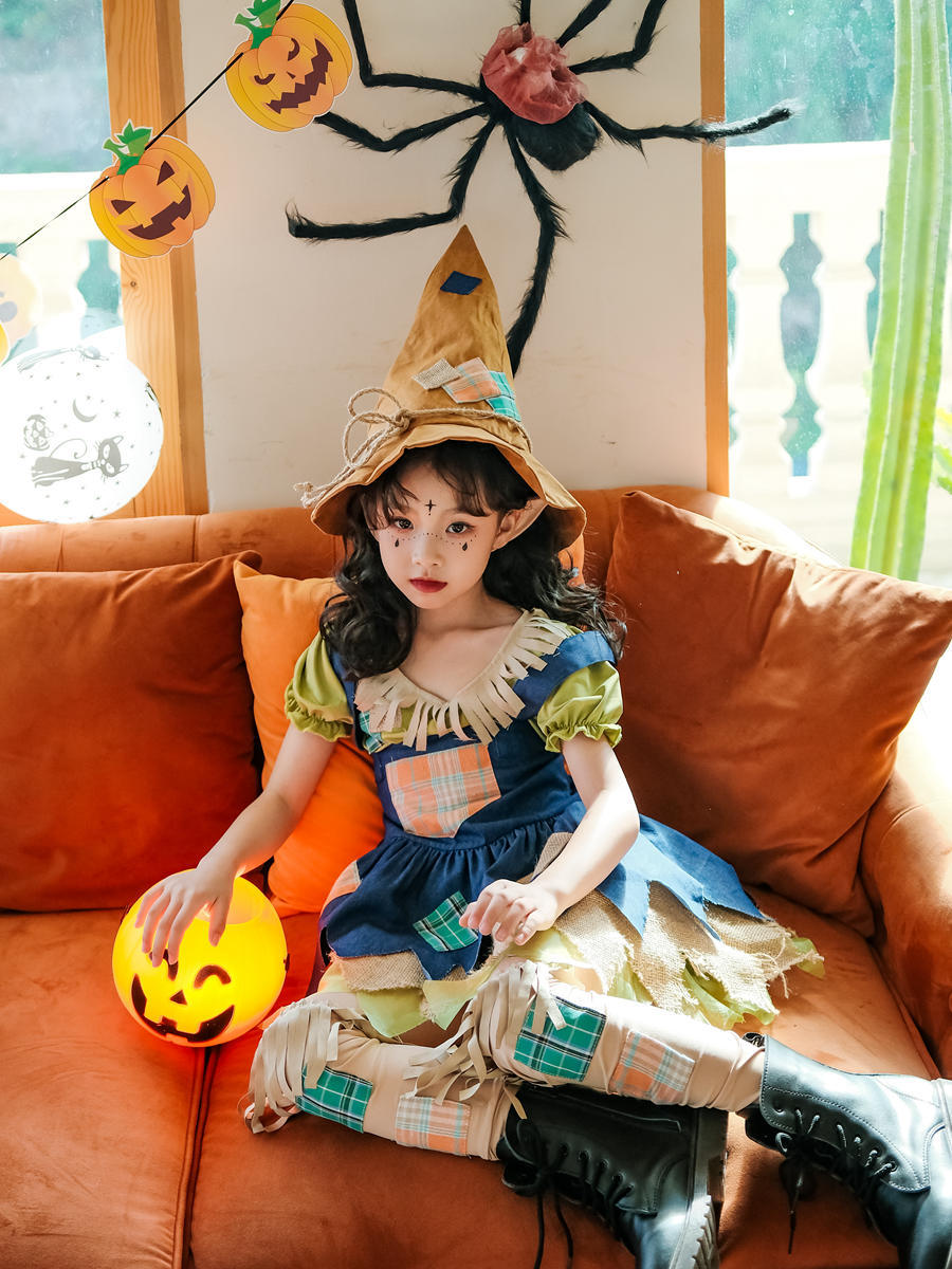 ハロウィンの子供用コスチュームベビー子供服かかしの田園ドレススカート女の子のピエロの魔女のパフォーマンスコスチューム
