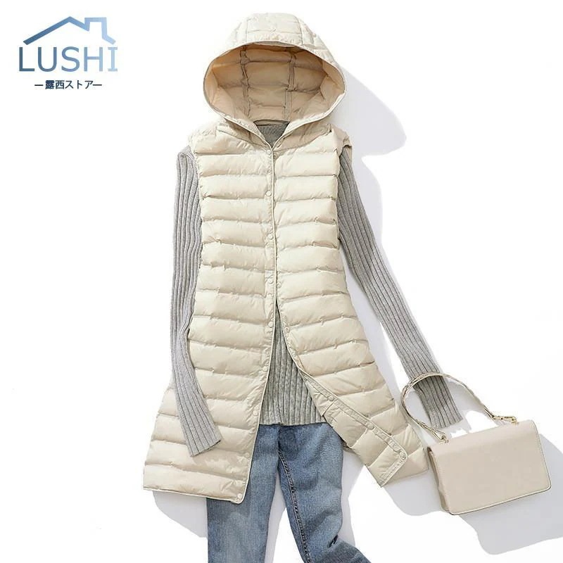 ダウンベスト レディース ベスト 袖なし フード付き 無地 ロングベスト