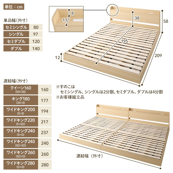 ベッド 低床 連結 ロータイプ すのこ 木製 LED照明付き 宮付き 棚付き コンセント付き シンプル モダン ホワイト ワイドキング240（S+D） ボンネルコイルマットレス付き