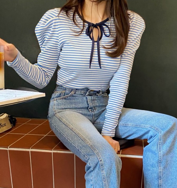 ロングTシャツ 襟リボン トップス Tシャツ カットソー プルオーバー トップス 袖あり 長袖 パフスリーブ ラウンドネック 襟なし リボン 綿 かわいい 大人可愛い ロングTシャツ 襟リボン トップス Tシャツ カットソー プル