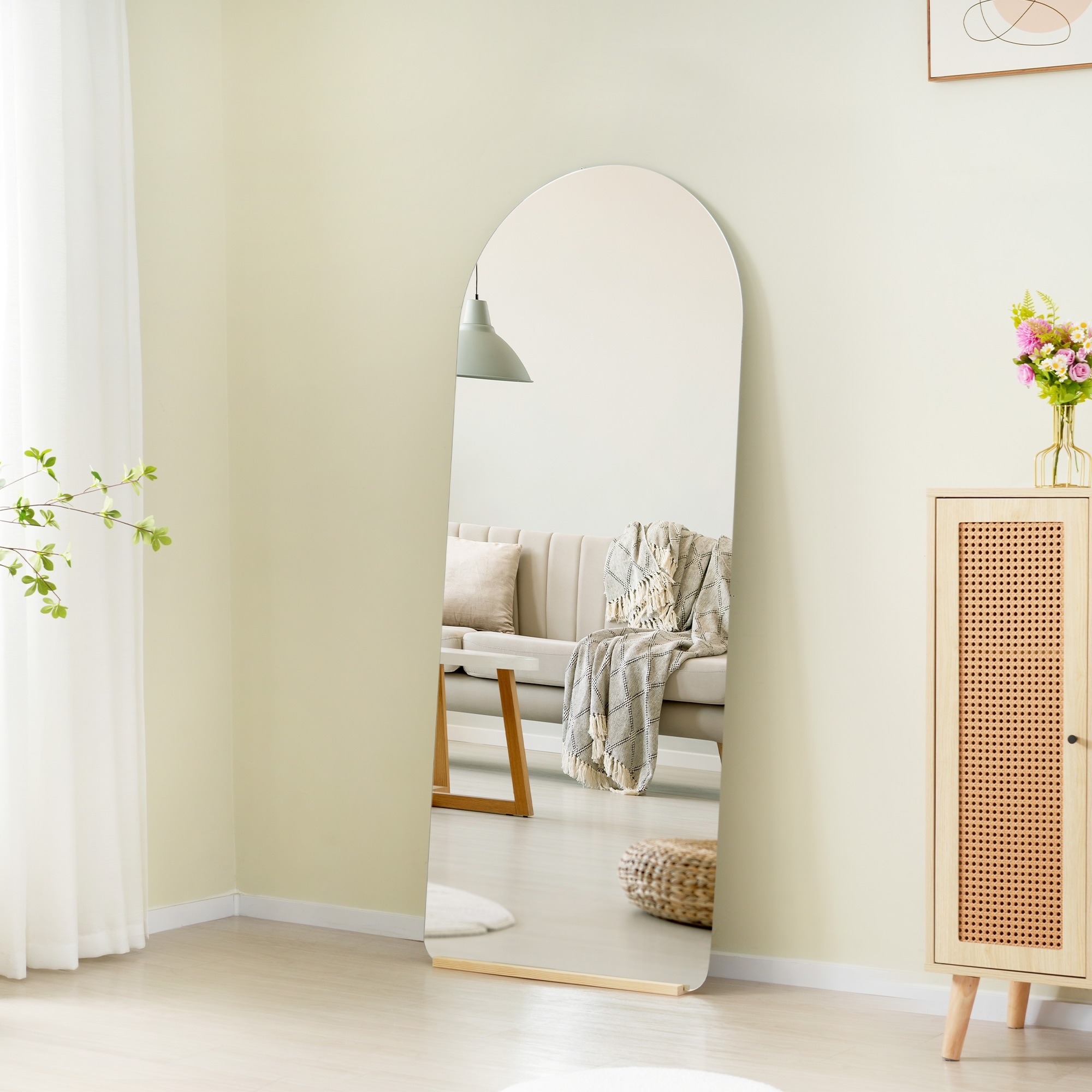 【国内発送Ｍ】2031全身鏡 姿見鏡 スタンドミラー ノンフレーム アーチタイプ 立てかけ 姿見 鏡 ミラー おしゃれ 大型 飛散防止 木製台あり 170*70CM