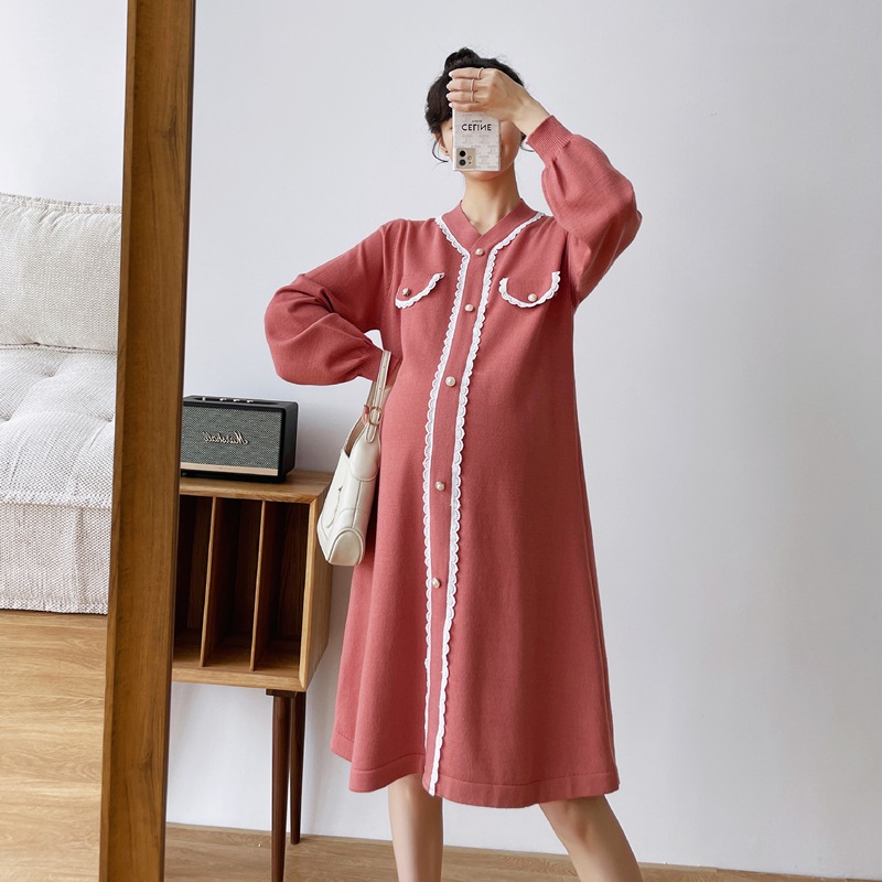 【送料無料】マタニティ ワンピース レース パールボタン パフスリーブ レディース 可愛い