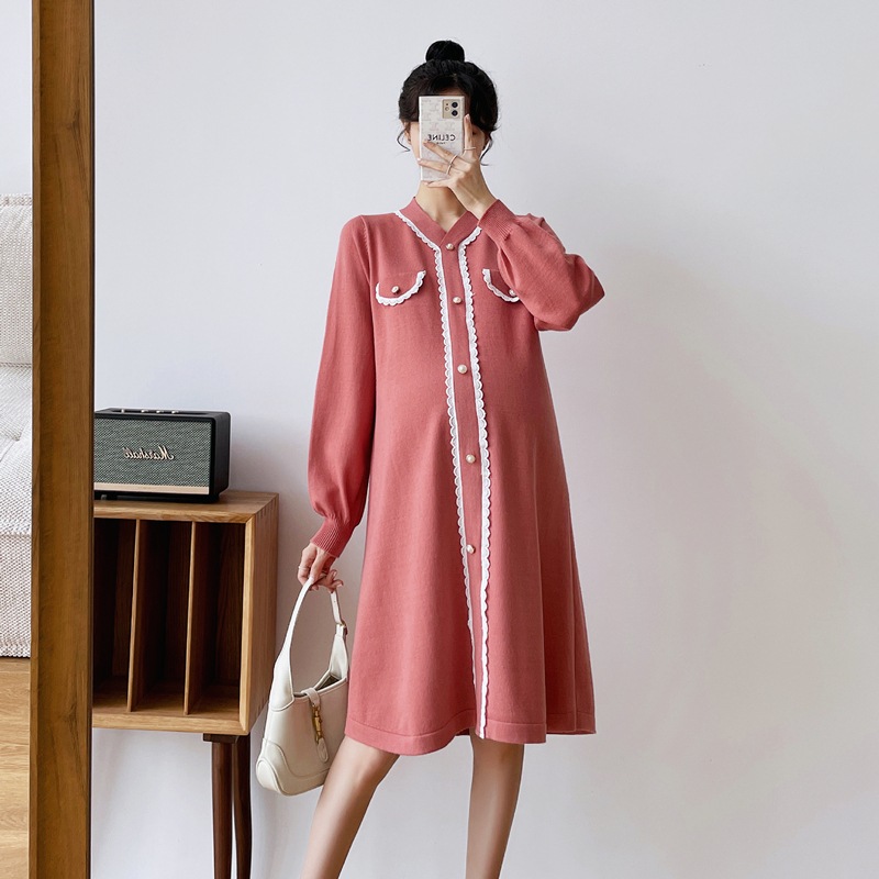 【送料無料】マタニティ ワンピース レース パールボタン パフスリーブ レディース 可愛い