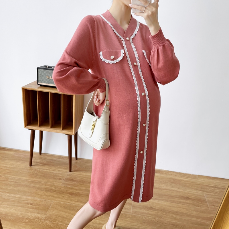 【送料無料】マタニティ ワンピース レース パールボタン パフスリーブ レディース 可愛い