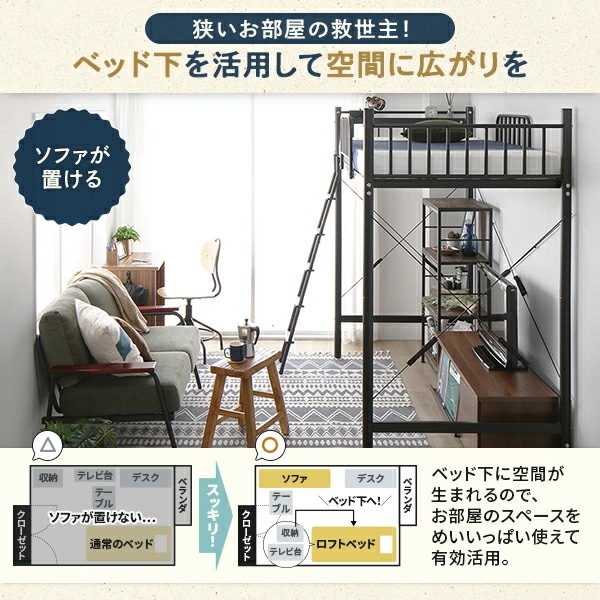 ロフトベッド シングル ポケットマット付 ベッド：黒