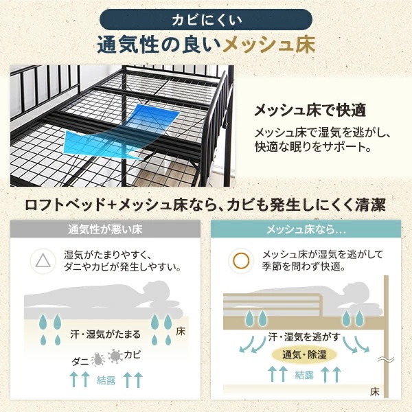 ロフトベッド シングル ポケットマット付 ベッド：黒