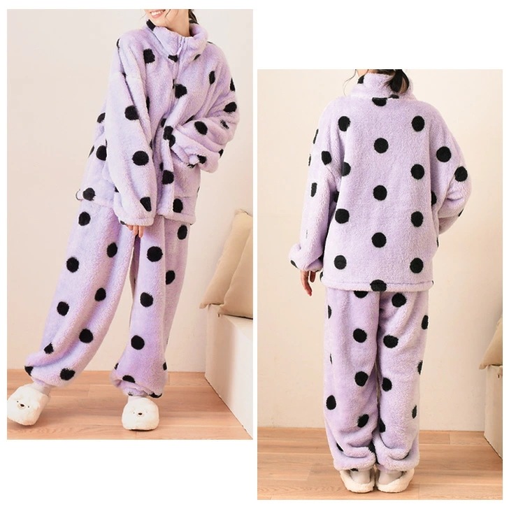 ボアドット柄ルームウェアセットアップ レディース 秋 冬 もこもこ 可愛い 大きいサイズ カジュアル トップス ボトムス 上下 長袖 ハイネック フリース 起毛 大きめ ゆったり あったか 暖かい 防
