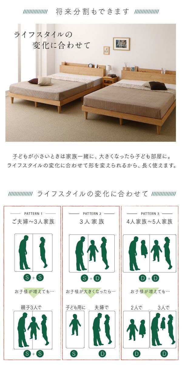 棚コンセント付き ツイン連結すのこファミリーベッド [ファミネ] [スタンダードポケットコイルマットレス付き] ワイドK220（S+SD） [フレーム色]ホワイト [マットレス色]ホワイト