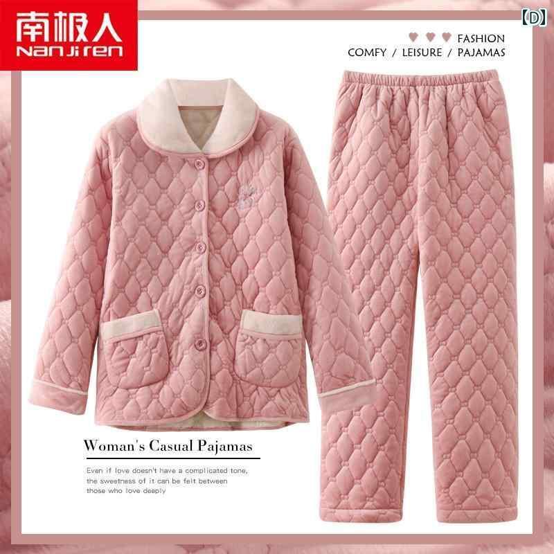 秋 冬 パジャマ ナイトウェア 女性 3層 厚手超 厚手 キルティング コーラル ベルベット フランネル ホームウェア セット
