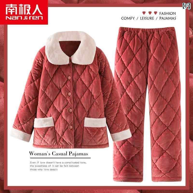 秋 冬 パジャマ ナイトウェア 女性 3層 厚手超 厚手 キルティング コーラル ベルベット フランネル ホームウェア セット