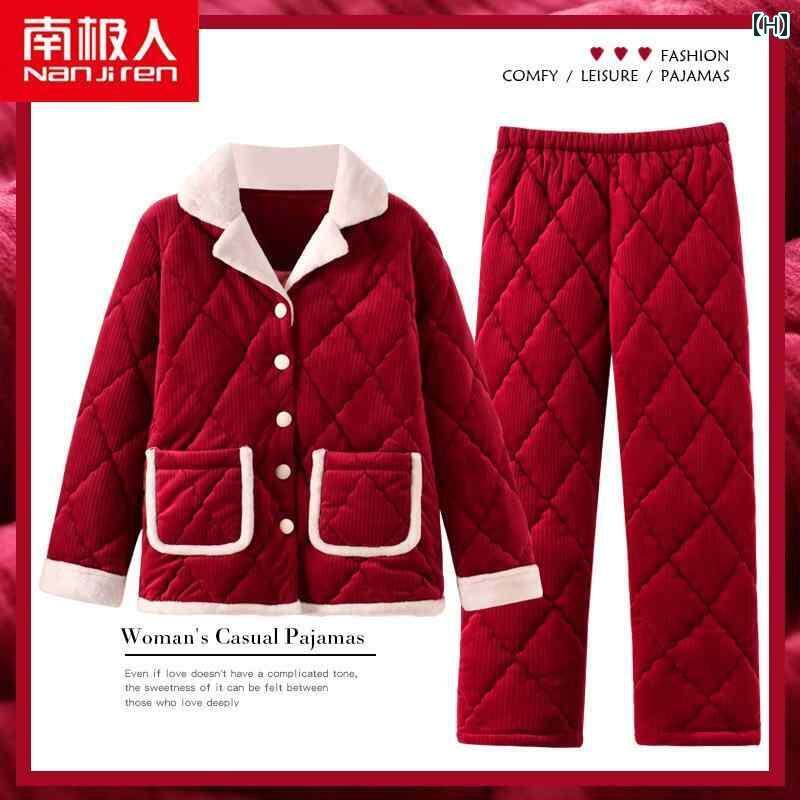 秋 冬 パジャマ ナイトウェア 女性 3層 厚手超 厚手 キルティング コーラル ベルベット フランネル ホームウェア セット