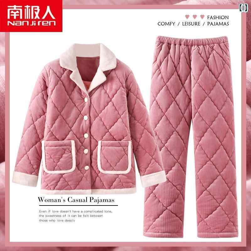 秋 冬 パジャマ ナイトウェア 女性 3層 厚手超 厚手 キルティング コーラル ベルベット フランネル ホームウェア セット