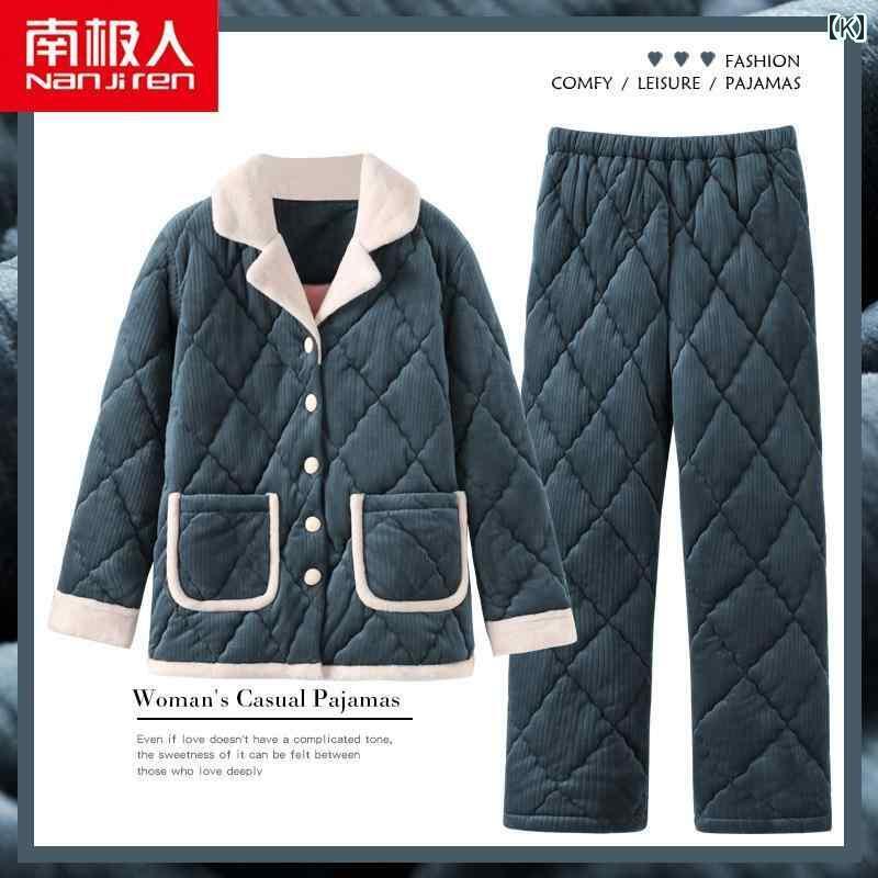 秋 冬 パジャマ ナイトウェア 女性 3層 厚手超 厚手 キルティング コーラル ベルベット フランネル ホームウェア セット