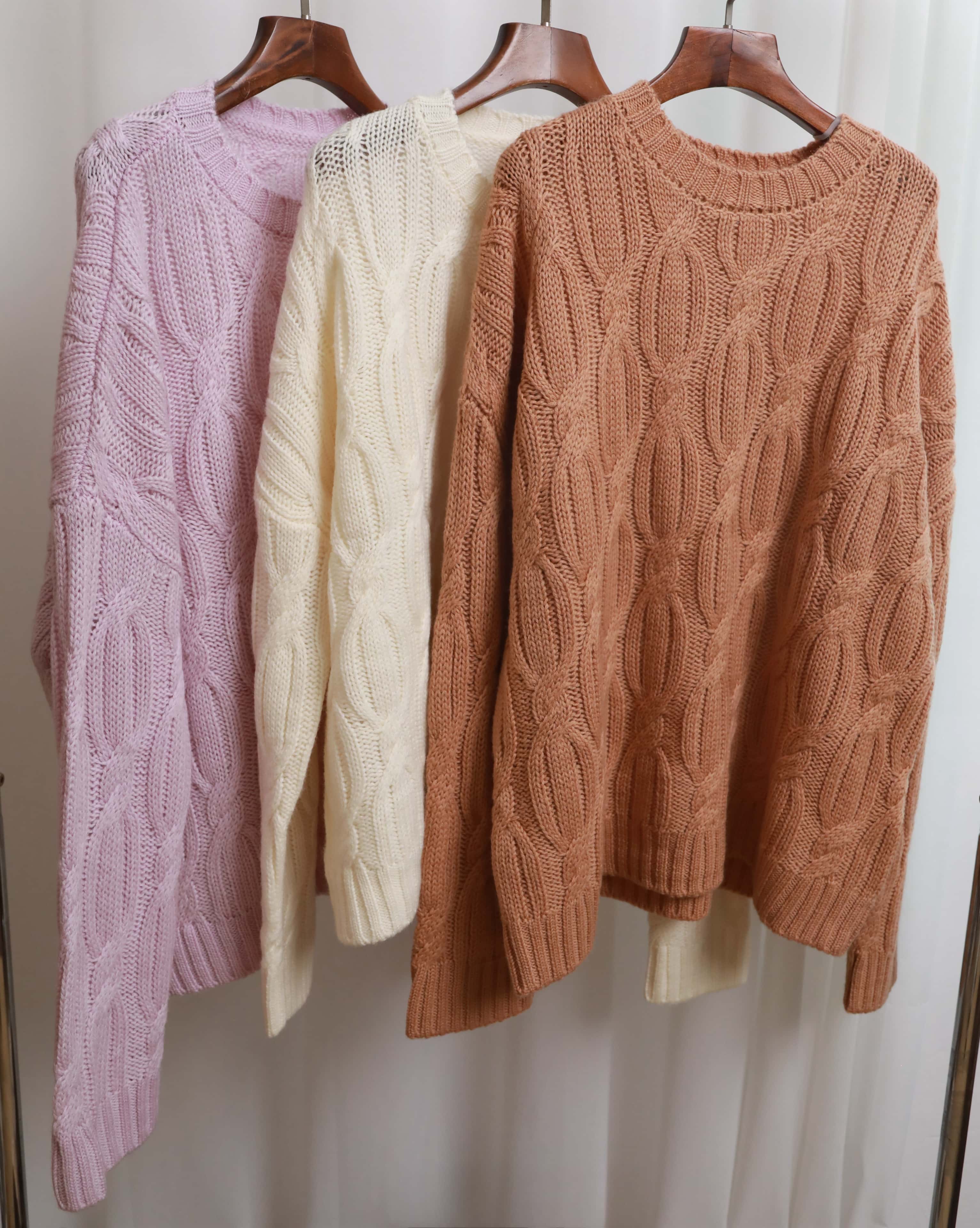 【2024新作】ケーブル編みニットセーター アイボリー ラベンダー ブラウン M L レディース 長袖 100%ウール ゆったりシルエット クルーネック 秋冬 暖かい 無地 カジュアル クラシカ 【2024新作】ケーブル編みニットセーター アイボリー ラベンダー ブラウン M L レディース 長袖 100%ウール ゆったりシルエット クルーネック 秋冬 暖かい 無地 カジュアル クラシカ