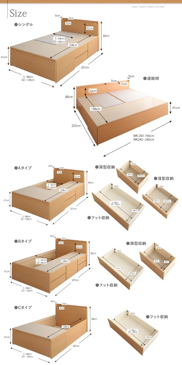 大容量収納 ファミリーチェストベッド [TRACT]トラクト [薄型スタンダードボンネルコイルマットレス付き] B+B ワイドK240（SDx2） [フレーム色]ナチュラル