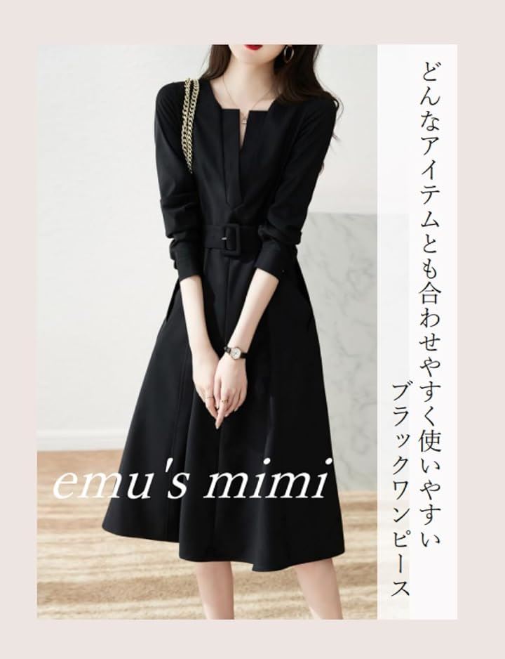 切り替えワンピース 長袖 レディース aラインワンピース ベルト付き( ブラック, L) 切り替えワンピース 長袖 レディース aラインワンピース ベルト付き( ブラック, L)