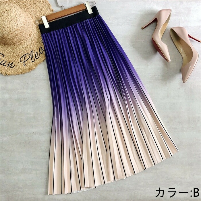 プリーツスカート ロング ロングスカート プリーツ フレアスカート ボトムス グラデーションスカート スカート レディース フレア ロング丈 ミモレ丈 春夏 春 夏 ウエストゴム シンプル おしゃれ
