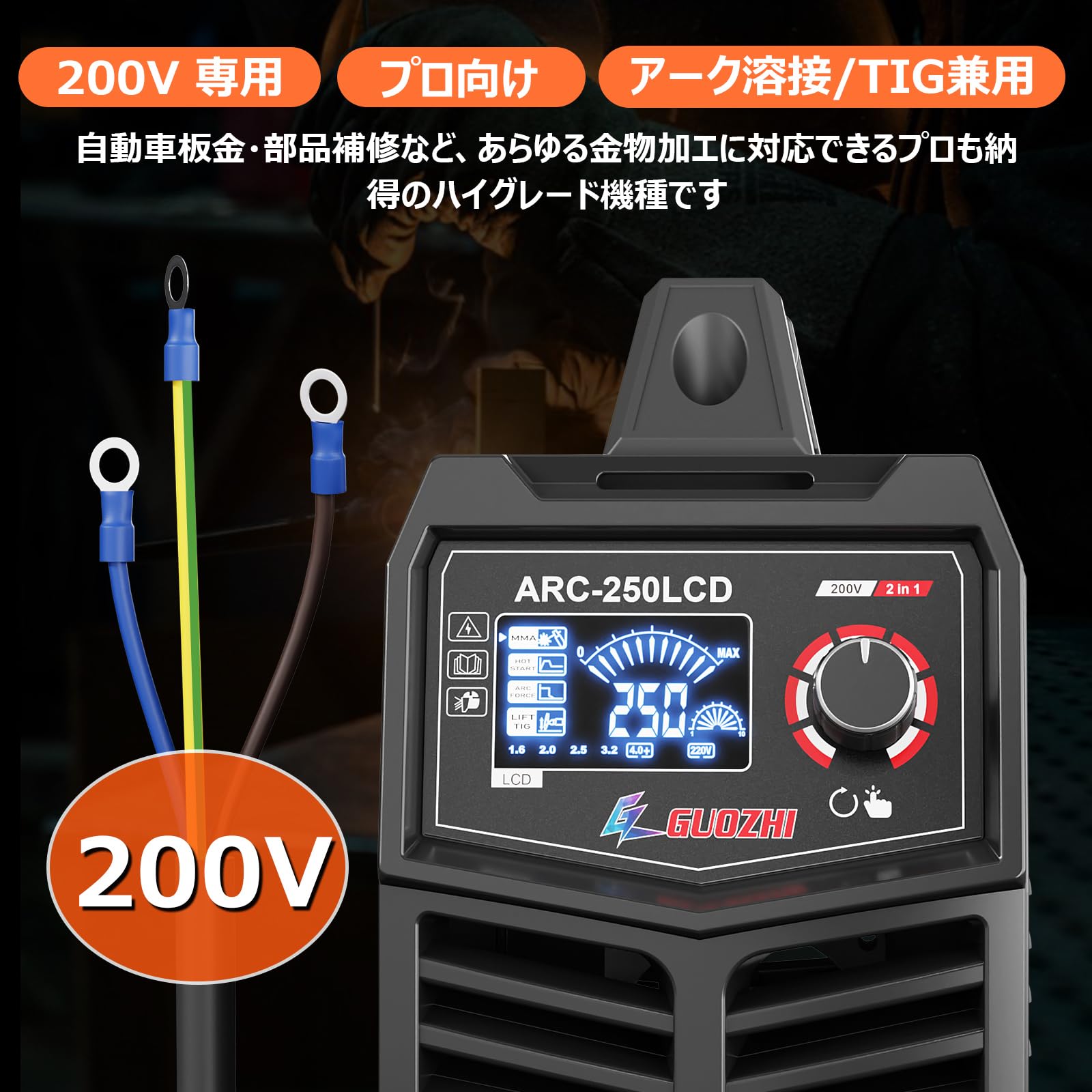 GZ GUOZHI 溶接機 200V 250A 被覆アーク溶接機 インバーター直流 ポータブル 電気 溶接機 定格使用率60% デジタル表示 小型 軽量 家庭用 工事 ARC-250LCD